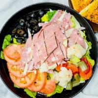 Antipasto Salad · Lettuce, salami, ham, mortadella, Mozzarella cheese, black olives, tomatoes, pepperoncini, a...