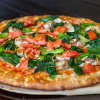 Vegan Vegetables Pizza · Tomato sauce, vegan mozzarella, mushroom, bell pepper, spinach, tomato, black olives.