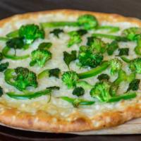 The Green Pizza · Spinach, green pepper, broccoli, vegan cheese (no sauce).