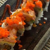 49'Er Roll · Shrimp tempura, green onion, salmon, masago and special sauce.