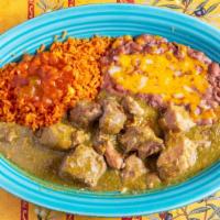 Chile Verde Platter · Tender pieces of pork, cooked in tangy tomatillo sauce.