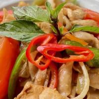 Pad Kee Mow · Flat rice noodle, tomato, onion, bell pepper, basil leaves, and chili garlic sauce.