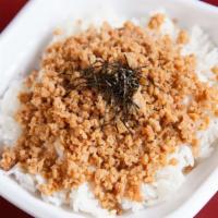 Tori Soboro Rice · Slowly cooked marinated ground chicken over rice.