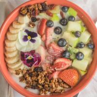 Superfruit Granola Bowl · Quinoa and brown rice with seasonal berries, banana, dates, goji berries, house granola, top...