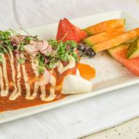 Tinga 'Chicken' Burrito · Authentic Tinga-style 'chicken' in enchilada sauce with calabacitas, bell peppers, jalapenos...