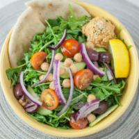 Mighty Mediterranean · Garbanzo beans, cherry tomatoes, kalamata olives, cucumbers, red onions, arugula tossed with...