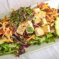 The California Salad · Mixed greens, romaine, kale, cherry tomato, cucumber, radish, golden & red beets, tofu, carr...