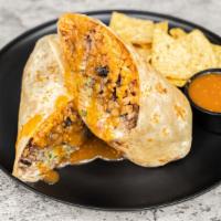 Burrito · Toppings: meat, rice, beans, cheese, pico de gallo, guacamole, salsa, sour cream, and chips ...