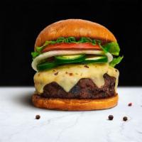 Jalapeño Amigo Burger · American beef patty topped with melted pepper jack cheese, jalapenos, buttered lettuce, toma...