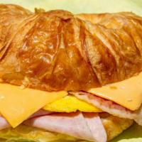 #13 Croissant Ham, Bacon, Cheese And Egg · Butter Croissant with ham bacon egg cheese jalapeno and mayo