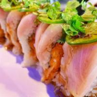 Double Yellowtail Roll · Raw fish. In: spicy yellowtail, cucumber. Out: fresh yellowtail, jalapeño, mustard, cilantro.