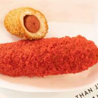 Hot Cheetos Original · Crispy hotdog fully covered with flaming hot Cheetos outside and beef sausage inside