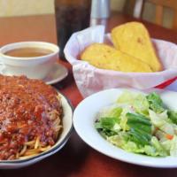 Vince’S Dinner For Two With Our Hearty Meat Sauce · Soup, salad, garlic or cheese roll, and pasta with meat sauce.
