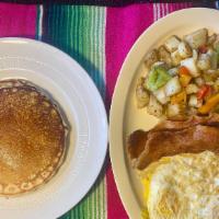 Breakfast Plate · Eggs, potatoes, bacon or sausage and your choice of toast or pancakes