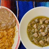Chile Verde Plate · Tomatillo and Jalapeno pepper salsa (medium spice level) pork stew. Served with rice and bea...