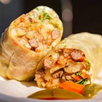 California Burrito · Fries, choice of meat, sour cream, cheese, guacamole sauce, and pico de gallo.