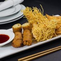 Td Sampler · Deep fried shrimps, spicy wontons and egg rolls. Served with sweet and sour sauce.