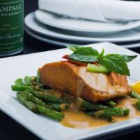 Thai Dishes Salmon · Salmon fillet, Chu-chi curry, coconut milk, green beans and Thai basil. Spicy.