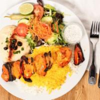Chicken Kabob · Gluten-free. Grilled chicken filet marinated in lemon juice and saffron with bell peppers an...