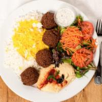 Falafel Plate · Gluten-free and vegetarian. Vegetarian patties made from garbanzo beans and spices.