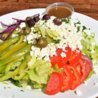 Greek Salad · Gluten-free and vegetarian. Romaine lettuce, spring green mix, Feta cheese, tomato, Persian ...