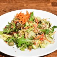 Organic Quinoa Salad · Gluten-free and vegetarian. Organic quinoa cooked in vegetable stock with a green mix, romai...