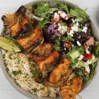 Chicken Kabob Plate · Chargrilled cubes of chicken served with basmati rice, side salad, fresh pita and your choic...