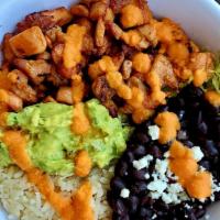 Spicy Chicken Bowl · Grilled chicken, serviced with rice, beans, lettuce, guacamole, cheese and our super spicy h...