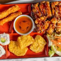 Combo #9. Seafood Delights · Sesame Chicken Over Rice, California rolls (3pcs), Shrimp Tempura(2pcs), Vegetables Tempura(...