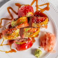 House Special Roll(招牌卷) · Salmon, tuna, crab salad, cucumber, avocado and teriyaki sauce on top. 8 pieces.