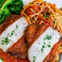 Pollo Parmigiana · Parmesan breaded chicken breast, mozzarella, spaghettini, marinara, broccolini