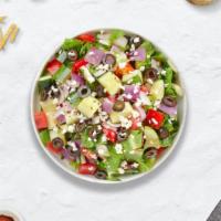Greek Gains Salad  · (Vegetarian) Romaine lettuce, cucumbers, tomatoes, red onions, olives, and feta cheese tosse...