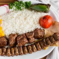 Beef Soltani Plate · Marinated steak chunks and seasoned ground beef. Served with basmati rice and pita bread plu...