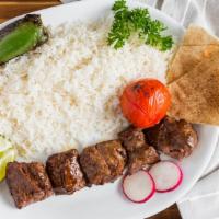 Beef Kebab Plate · Fresh marinated steak. Served with basmati rice and pita bread plus any 2 side orders.