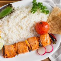 Fish Fillet Kebab Plate · Salmon filet. Served with basmati rice and pita bread plus any 2 side orders.