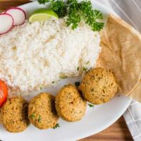 Falafel Plate · 4 pieces of fresh made falafel. Served with basmati rice and pita bread plus any 2 side orde...