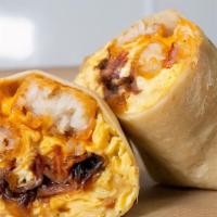 Gringo Burrito · For the gringos! 3 soft scrambled eggs, 3 pieces of hickory smoked bacon strips, moms homema...