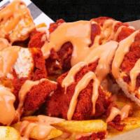 Hot Chicken Fries · 100% halal chicken breast, crispy seasoned fries, homemade sauce, seasoning.