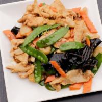 Chicken With Hot Garlic Sauce · Slice chicken sautéed with bamboos, mushrooms, carrots, water chestnuts and green onions in ...