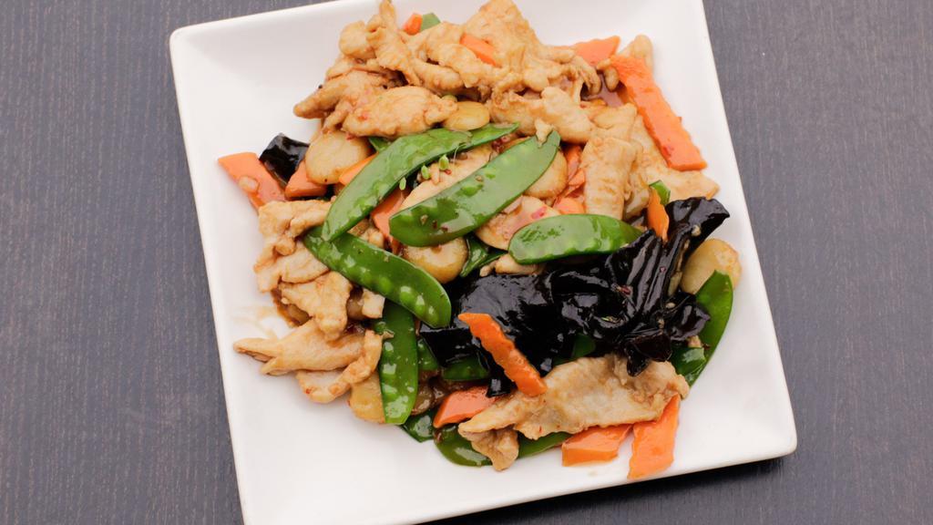 Chicken With Hot Garlic Sauce · Slice chicken sautéed with bamboos, mushrooms, carrots, water chestnuts and green onions in hot garlic sweet and sour sauce.