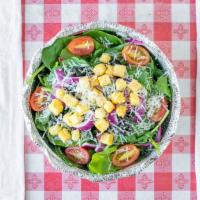 House Salad (Half Salad) · Organic mixed greens, black olives, baby tomatoes, red onions, croutons, and hand-grated Par...