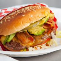 Bacon Avocado Cheeseburger · Lettuce, tomato, 1000 Island, pickles, avocado, bacon, and choice of cheese.