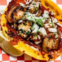 Mushroom Taco · Cremini Mushroom, Cilantro Vin, Oaxaca Cheese, Salsa Arbol, onion, cilantro, Corn Tortilla