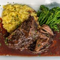 Braised Short · Red wine reduction sauce, lemon risotto, broccolini.