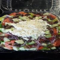 Greek Salad · Romaine lettuce, cucumber, tomatoes, onions, kalamata olives, Feta cheese.