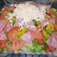 House Salad · Romaine lettuce, tomatoes, onions, green peppers, cucumber, cheese.