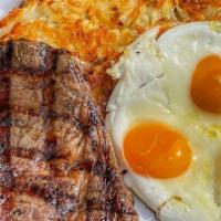 Ribeye Steak & Eggs · 7oz steak, 3 eggs, hashbrown, and toast