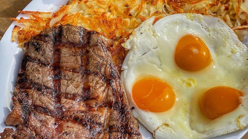 Ribeye Steak & Eggs · 7oz steak, 3 eggs, hashbrown, and toast