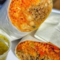 Carne Asada Burrito · Steak Carne Asada, Rice, Beans, Onions, Cilantro, and Salsa wrapped in a warm Flour Tortilla
