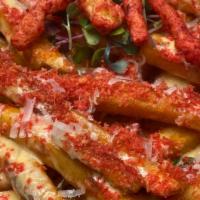 Vibez Hot Cheeto Fries · seasoned fries, cheese sauce, melted cheese, topped w/ hot cheeto crumble, shaved parmesan